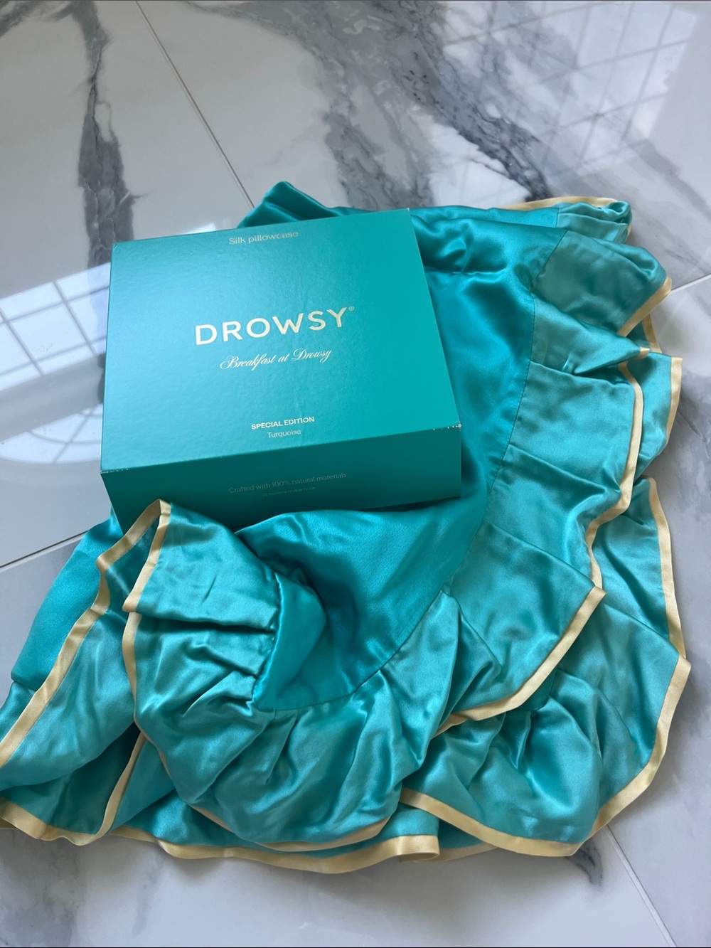 Turquoise Satin pillow case withGold Trim